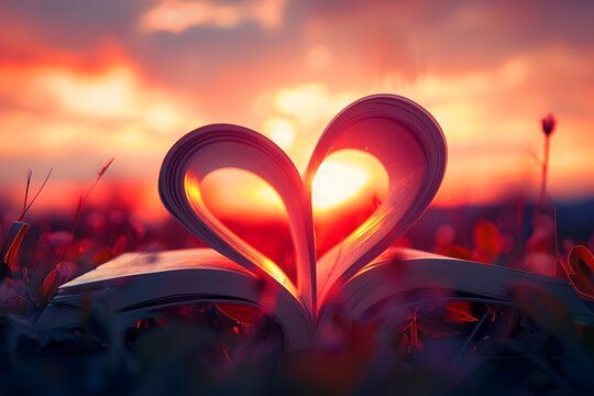 Book pages forming a heart shape against a stunning sunrise backdrop, symbolizing love and romance.