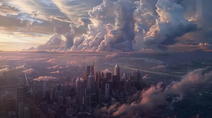 Depict the Philadelphia skyline with a dramatic cloud formation in the background, adding depth to the scene.