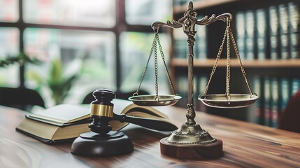 Justice Scales and Gavel on a Wooden Table