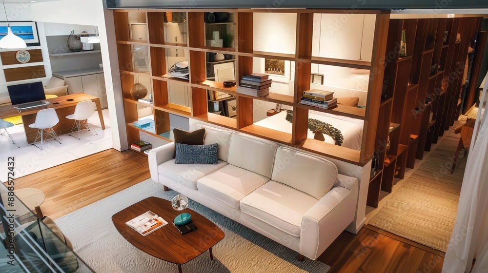 Poster describe creative ways to divide a small room into separate functional areas without using walls.