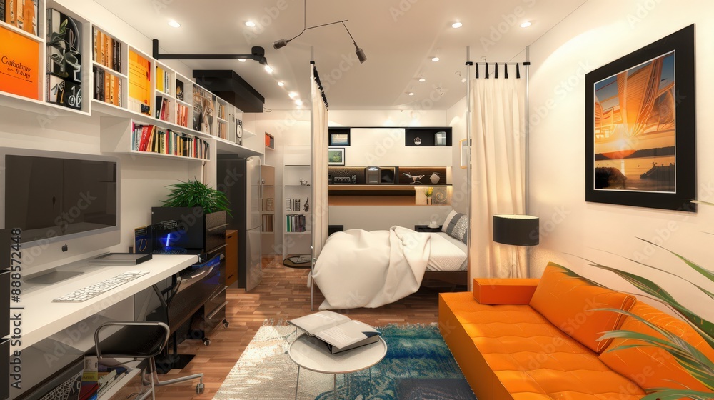 Poster describe creative ways to divide a small room into separate functional areas without using walls.