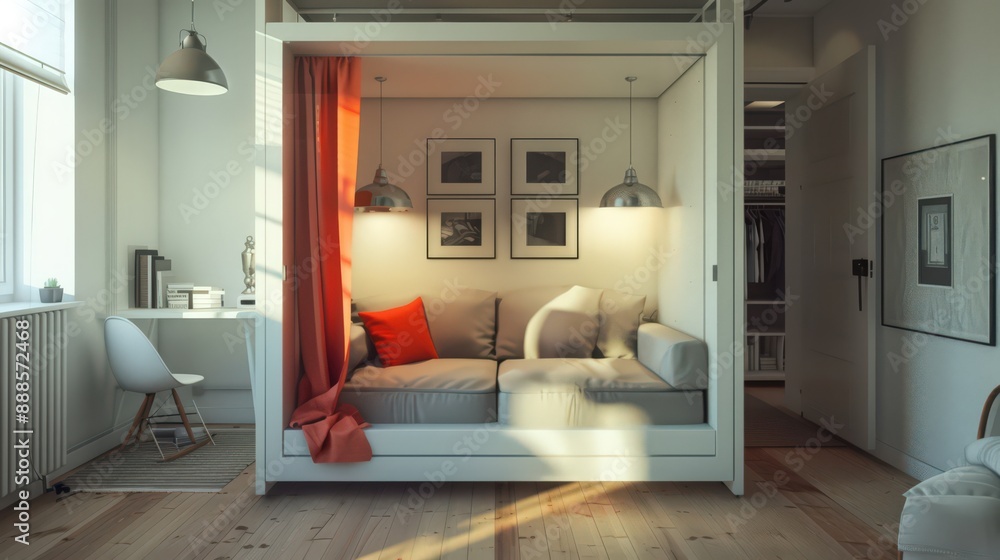 Poster describe creative ways to divide a small room into separate functional areas without using walls.