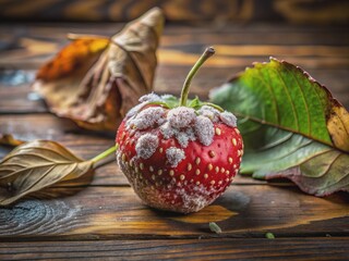 Overripe, mushy red fruit with white mold and green stem, surrounded by wilting leaves, sits alone on a rustic wooden table in a dimly lit setting.