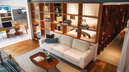 Describe creative ways to divide a small room into separate functional areas without using walls.
