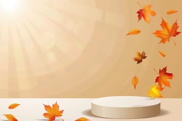 Obraz premium Empty Background Podium with Falling Autumn Leaves in Sunlight