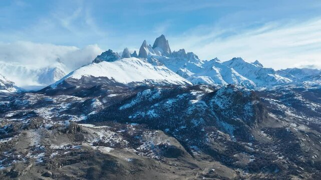 Fitz Roy At El Chalten Santa Cruz Argentina. Stunning Countryside Life Landscape Viewed From Above. Snowing Day Lake Glacial Lake Snow Capped. Snowing Day Nature. El Chalten Santa Cruz.