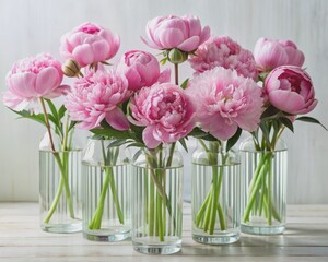 Delicate pink peony buds fill identical clear vases with vertical stripes, arranged artfully against a crisp white background, exuding understated sophistication and refined beauty.