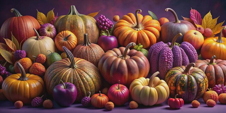 Vibrant 3D pumpkins, apples, and gourds in bold colors and intricate textures arranged artfully on a rich, regal purple background, evoking autumnal luxury and whimsy.
