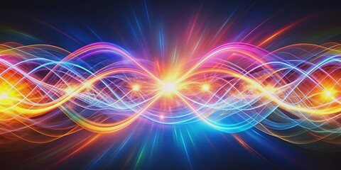 Obraz premium Vibrant-colored light waves converge and overlap, forming a mesmerizing pattern of intersecting rhythms, symbolizing harmony and unity in a stunning visual representation of confluence.
