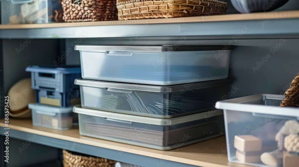 Poster describe the benefits of using stackable storage bins and boxes for maximizing space