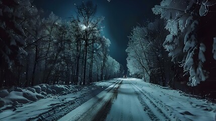 Driving on snow road in forest at night POV