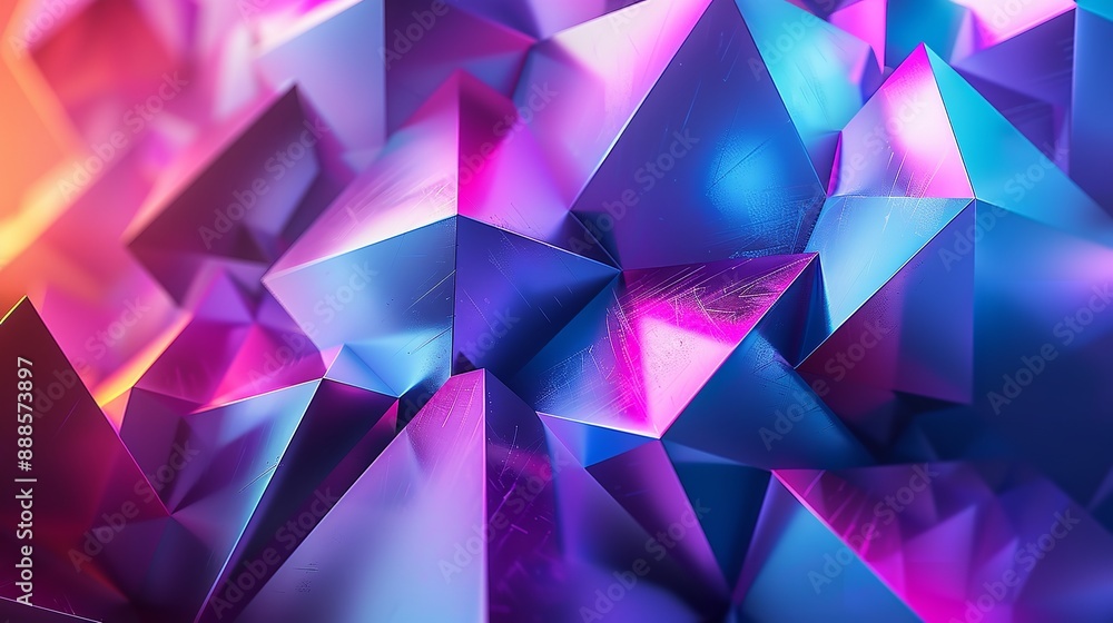 Poster 3d rendering of a pile of randomly sized cubes with a pink to blue gradient.