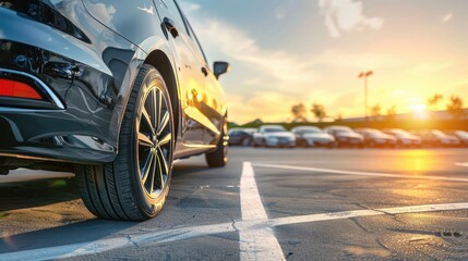 Pristine car for rental or sale in outdoor parking lot under clear sunny sky