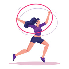 Woman with long black hair is spinning a pink hula hoop,  she is wearing purple top and blue shorts.