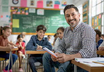 Fototapeta premium Smiling male teacher with students learning at in school