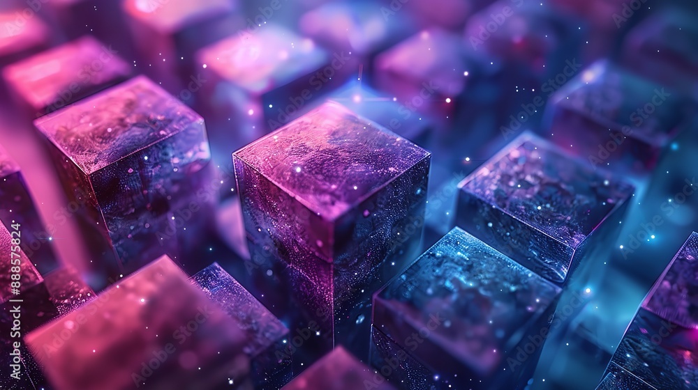 Poster 3d rendering of a pile of randomly sized cubes with a pink to blue gradient.