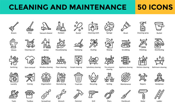 Cleaning and Maintenance icon set with broom, mop, vacuum cleaner, dustpan, duster, cleaning cloth, sponge, brush, cleaning spray, bucket icon. Simple line vector 
