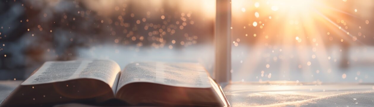 Open book on wooden table with sunlight streaming through window. Cozy winter morning scene with snowflakes falling softly outside.