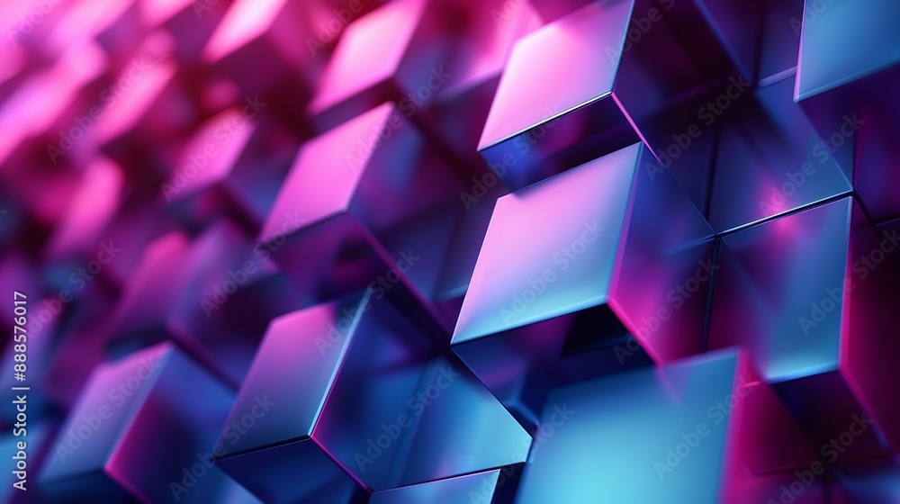 Poster 3d rendering of a pile of randomly sized cubes with a pink to blue gradient.