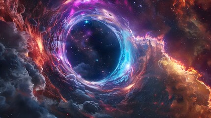 Colorful and surreal space scene with a large hole