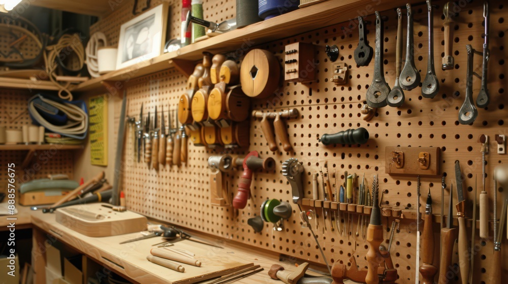 Poster describe the use of pegboards and hooks for flexible and accessible storage in craft rooms or worksh