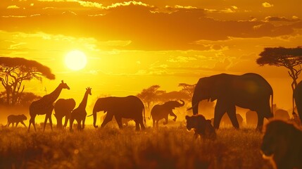 Fototapeta premium Silhouetted African wildlife roaming