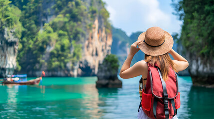 Fototapeta premium Back view of a traveler woman with backpack at beautiful island
