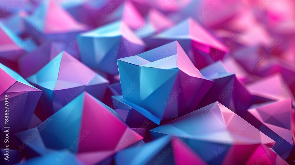 Poster 3d rendering of a pile of randomly sized cubes with a pink to blue gradient.
