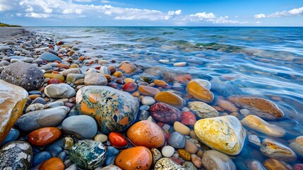 Multi-coloured stones along the shore of Lake Huron