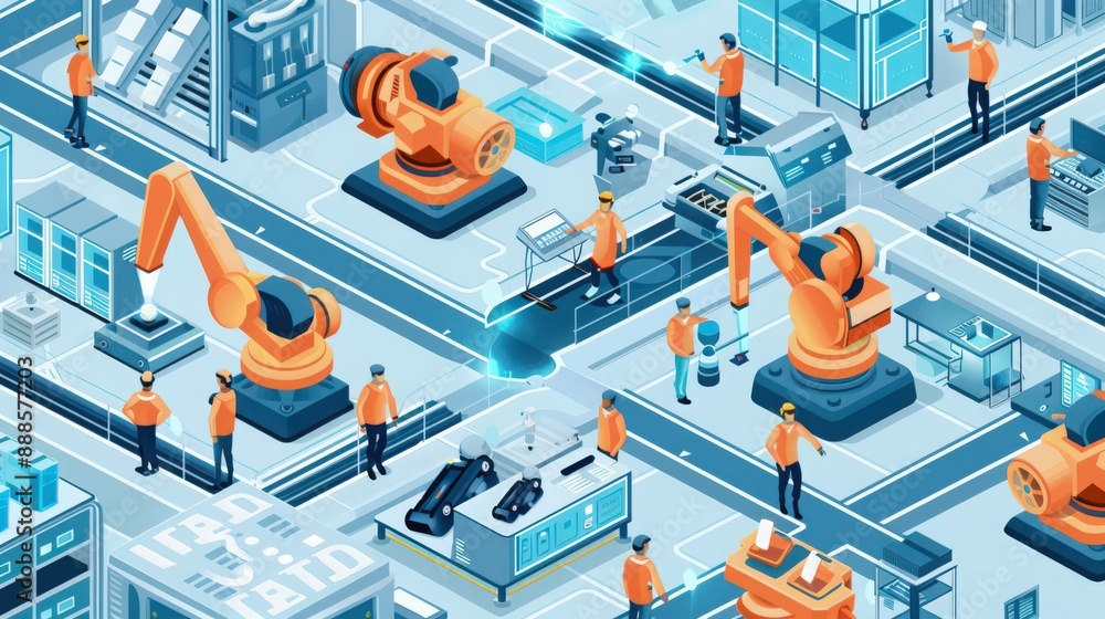 Aufkleber design a factory with robots working seamlessly alongside human operators, optimizing production eff