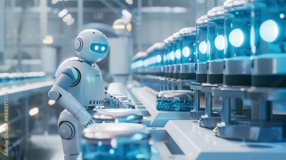 Aufkleber design a factory with robots working seamlessly alongside human operators, optimizing production eff