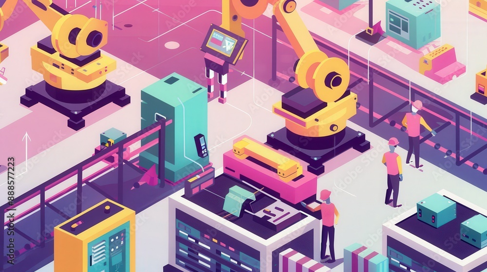 Aufkleber design a factory with robots working seamlessly alongside human operators, optimizing production eff