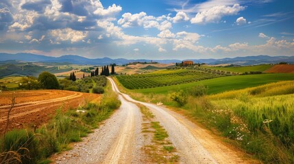 Fototapeta premium Photograph of a country road in Tuscany, Italy. Summer countryside landscape.