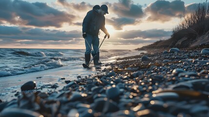Man with metal detector on the seashore