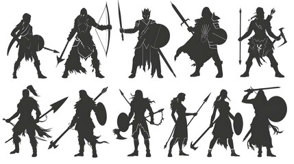 Obraz premium Silhouettes of male and female warriors in battle poses