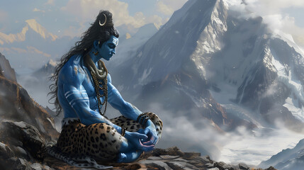 Lord Shiva, the Hindu god, meditating serenely on an icy mountain