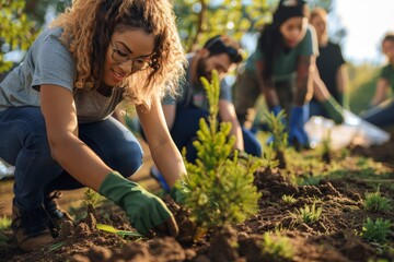 Young Woman Planting a Tree with a Group of Volunteers
