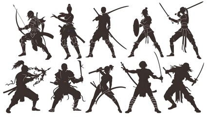 Obraz premium Silhouettes of male and female warriors in various poses