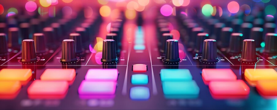 Close-up of a sound mixer with colorful buttons and knobs.