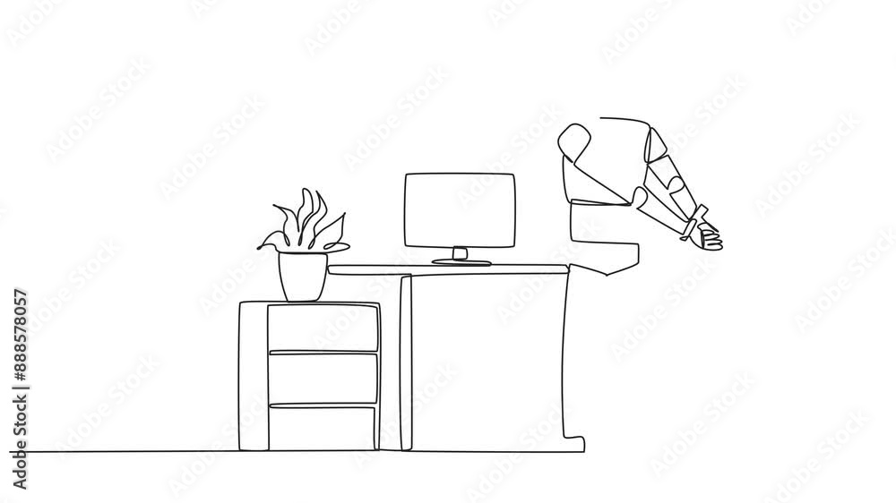 Poster self drawing animation of single continuous line drawing robot stands with his hands behind his back