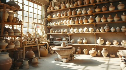 Pottery studio with wheel and drying shelves