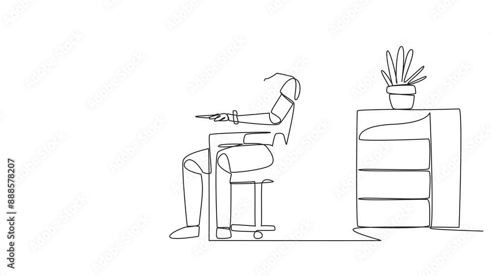 Poster animated self drawing of single continuous line drawing robot sitting in work chair typing on a lapt