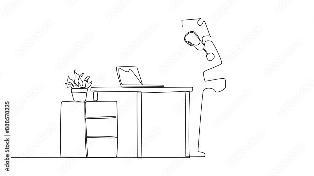 Poster animated self drawing of single one line drawing robot stands while raising one hand and tilting bod