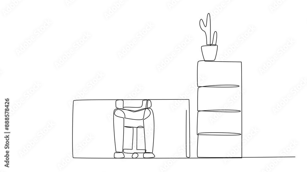 Aufkleber self drawing animation single one line drawing robot sitting in a work chair with his fingers rounde