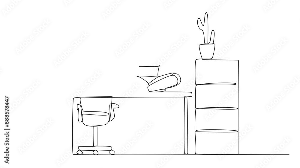 Poster animated self drawing of single continuous line drawing smart robot sitting cross-legged on a work d