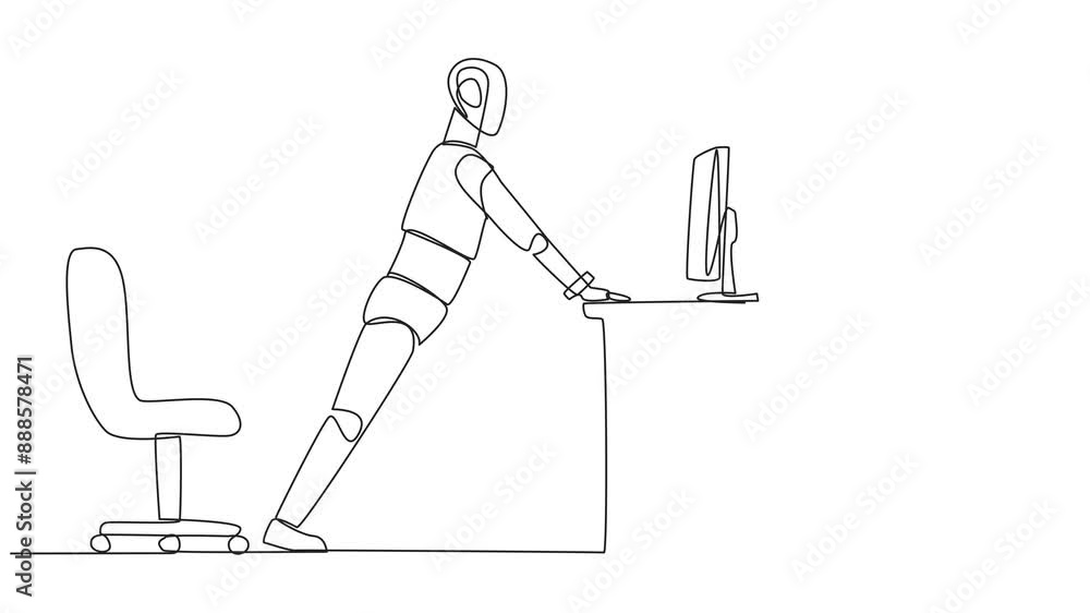 Poster self drawing animation single one line drawing robot do push up movements by holding edge of work ta