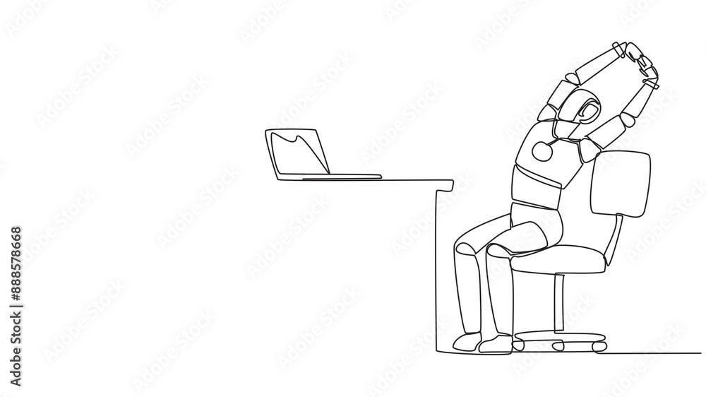 Poster animated self drawing of single one line drawing robot sitting in work chair while raising both hand