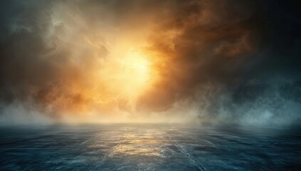 Dramatic Dark Background With Empty Floor and Light Blue Orange Sky