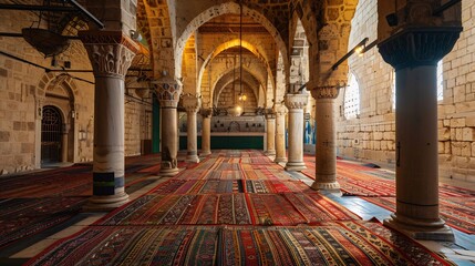 Interior of a Mosque with Ornate Columns and Prayer Rugs © julio