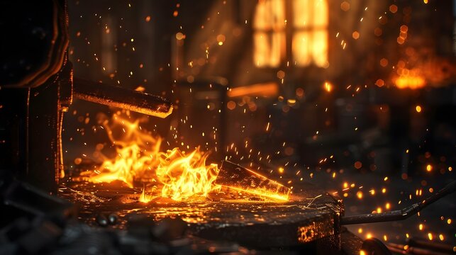 Bright and energetic blacksmithing scene with glowing forge